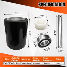 YATOINTO 2pcs Pallet Jack/Truck Load Wheels Set with Axles and Entry Exit Roller，3" x 3.75" with Bearings ID 20mm Black Pallet Jack/Truck Polyurethane Load Wheels Kit