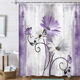 VeiVian VeiVian Rustic Farmhouse Shower Curtain, Farm Purple Daisy Floral Flowers and Butterfly on Country Wooden Shower Curtain for Bathroom, Violet Grey Bathroom Shower Curtains with 12PCS Hooks, 60X70IN