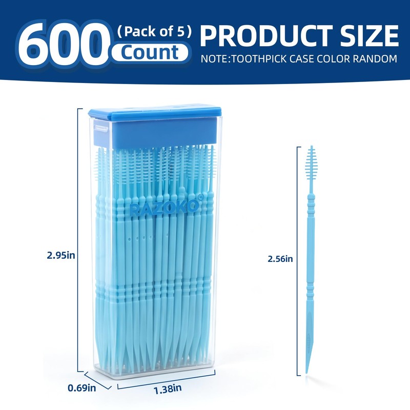 RAZOKO Interdental Plastic Toothpicks,Total 600 CT/5 Packs,Unflavored,Blue