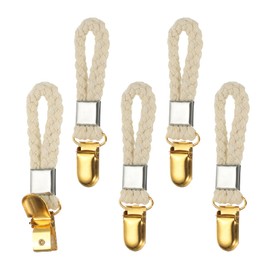 PATIKIL 5 Pcs Hanging Tea Towel Clips, 0.9" Width Braided Cotton Loop Towel Clip with Gold Metal Clamp for Kitchen Bathroom RVs Camping Hanging Organize Tool, Beige