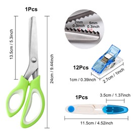 1 x stainless steel zigzag scissors with zigzag handle + 1 x U-shaped scissors + 12 x fabric clips, dressmaking scissors, fabric scissors with green handle for sewing fabric