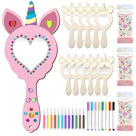 Ainiv Pack of 12 Unicorn Craft Set, Wooden Mirrors for Painting for DIY Children Painting, Mini Wooden Princess Mirrors, Wooden Crafts, Children, Creative Painted Mirrors for Girls, Craft Set, Party