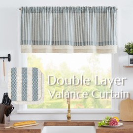 jinchan Linen Valance Curtain Striped Small Window Curtain Double Layer Light Filtering Beach Coastal Modern Farmhouse Valance for Kitchen Living Room Bedroom 18 Inch Rod Pocket 1 Panel Blue on Beige