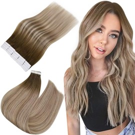 Easyouth 3/8/22 Real Hair Extensions, Tape-In, Balayage, Dark Brown, Ash Brown and Medium Blonde Mix, 55 cm, 50 g, 20 Pieces