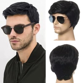 EDLMKM SShort Black WigFor Male, Synthetic Mens Wigs Short Hair, SShort Black Straight Wig for Men, Men's Wigz, Mens Short Wigg, Wigs for Men, Toupee Wig Menn, BBlack Hair Wigg, Hair Pieces for Menn