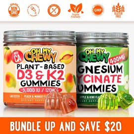 OH MY CHEWY Magnesium + D3K2 Gummies Bundle – 2 Bottles (60 Each) – Apple Kiwi & Peach Mango