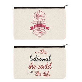 WIRESTER Set Of 2 Canvas Zipper Makeup Bag, Cosmetic Pouch, Organizer Case for Women Girl, Multi-Purpose Travel Cosmetic Bag - She Believed She Could So She Did, Clear Psalm 46:5 Pink