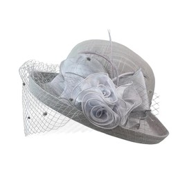 OhMill Ladies British Net Veil Fascinators Formal Hat Elagant Flower Decorated Mesh Wedding Sun Hat for Women Grey