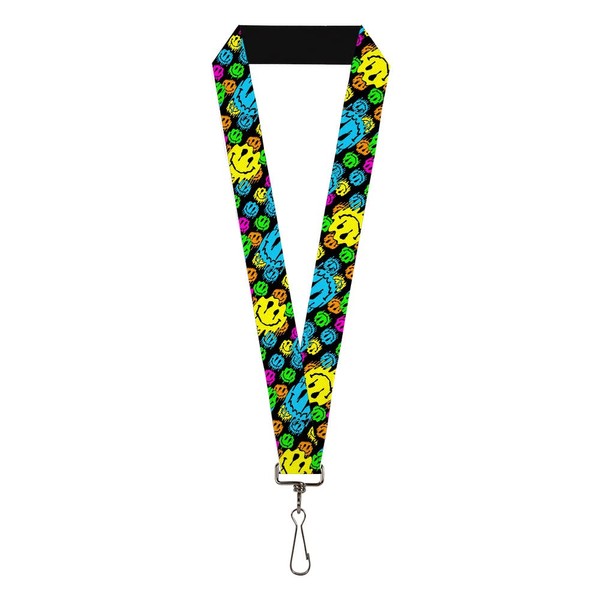 Buckle-Down Lanyard, Smiley Faces Melted Stacked Black Multi Neon, Elastic