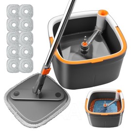 Spin Mop and Bucket Set with Self Separation Dirty and Clean Water System, Square Mop Bucket Self Wringing 360° Rotating Clean Floor Mop-Head for Hardwood Tile Marble Floors (Mop Set with 10pads)