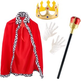 Flotory 4 Pcs King Costume for Kids Red Cloak Child Robe with Golves Golden Crown Scepter Prince Cape Dress up for Boys Girls Halloween Role Play Party