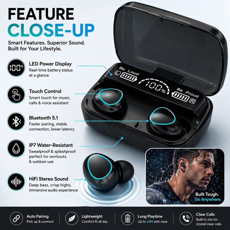 M10 Wireless Bluetooth Earbuds with LED Display Charging Case –