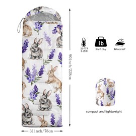 AILONEN Cute Bunny Camping Sleeping Bag for Adults Kids,Warm & Cold Weather,Lightweight & Waterproof,Portable,Lavender Rabbit Printed Sleeping Bag,Traveling,Camping,Hiking