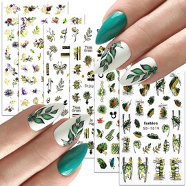 5D Engraved Flower Nail Art Stickers, Holographic Gold Embossed Floral Nail Self-Adhesive Sticker Designs, Three-Dimensional Flower Leaf Nail Transfer Decals for Women Girls Manicure Charm Decorations