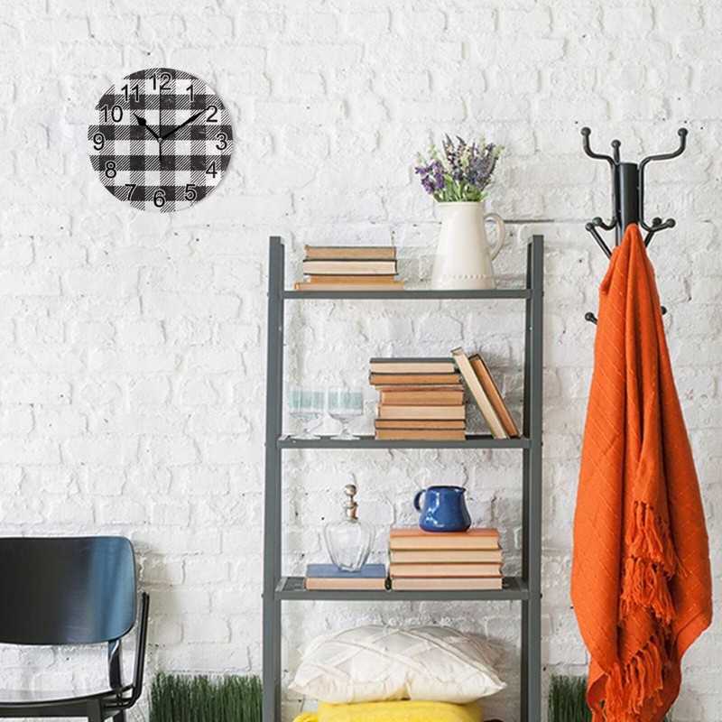 BOENLE Black White Buffalo Plaid Wall Clock Non Ticking Silent