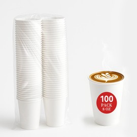 Disposable Paper Coffee Cups - 100 Count 8 oz Sturdy & Leak-Proof Coffee Cups for Hot & Cold Drinks (Coffee, Tea, Water, Iced Beverages) | White Paper Cups for Activities, Office, Party, Wedding