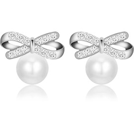 JIMARIN Aesthetic Dainty Sparkly Crystal Rhinestone Bow Pearl Dangle Drop Stud Earrings For Women (Small Silver)