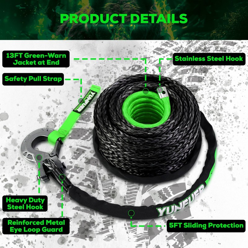 Synthetic Winch Rope with Hook, 3/8" x 92ft 26500LBS Winch