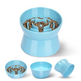 F FD Hub Tilted Raised Slow Feeder Bowl for Cats and Small & Medium Dogs, Raised Design Improves Posture, Spiral Inner Shape Prevents Fast Eating, Dishwasher Safe, 10 oz (Blue, M-Dogs)