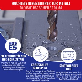 Tivoly A33 – Pack of 10 Drill Bits for Metal DIN 338 HSS Co (Diameter of 1, 2, 3, 4, 5, 6, 7, 8, 9, 10 mm)