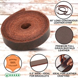 Leather Strap, Full Grain Buffalo Leather Strip for Crafts – Brown Leather Strips Ideal for DIY Belts, Crafting, Bracelets, Jewelry, Key Chains & More (0.5" x 60")