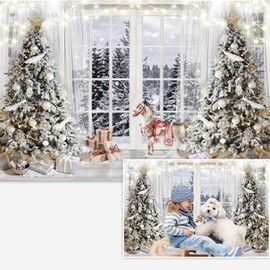 Christmas Winter Backdrop Wonderland Glitter Snowy Forest Pine Tree Background Christmas Xmas Holiday Party Decor Banner Portrait Studio Booth Photobooth Props 7x5ft