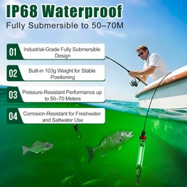Yongkist Super Bright Underwater Green Fishing Light, LED Green Light for Fishing, 12W 1300 Lumens IP68 Rated Submersible Light Attractants for Docks, Boats, Kayaks