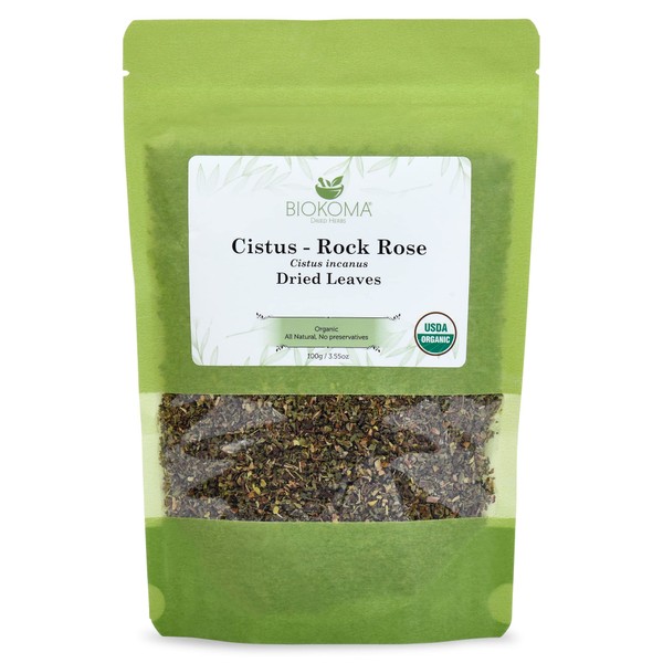 Pure and Organic Biokoma Cistus - Rock Rose Natural Dried Leaves, Herbal Tea in Resealable Pack Moisture Proof Pouch 100g - Turkish