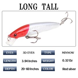MARJELLY Floating Fishing Lure Casting Bait Sinking Bass Lures Trolling Minnow with Strong Hooks Topwater Crankbaits Artificial Jerkbait for Walleye Trout Freshwater Saltwater, Red Head Silver