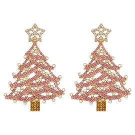 Christmas Tree Dangle Earrings for Women, Glitter Chritsmas Tree Holiday Earrings with Spakling Rhinestone, Xmas Earrings for Festival Jewelry Gift (Pink)
