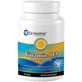 DR WELLME NUTRITION, Vitamin D3-5000 IU, Extra Strength Dietary Supplement for Bone, Muscle and Healthy Immune Support, 60 Tablets Easy-to-Swallow Packed for 2 Month Supply