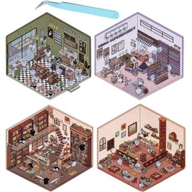4 Sets DIY 3D House Stickers, Funny DIY Stickers Scene for Relief Stress and Pass The Time, 3D House Sticker Set to Make Your Own Supermarket, Coffee Shop, Restaurant and Bookstore
