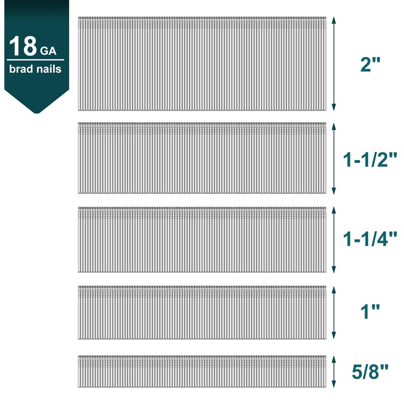 Toicann18 Gauge Galvanized Brad Nails(2",1-1/2",1-1/4",1",5/8") 18 GA Universal Nail Gun