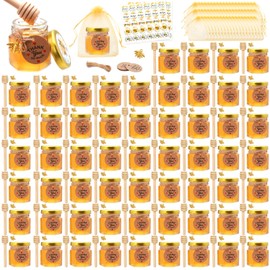 XING-RUIYANG 1.5 oz Mini Honey Jars，60 pack baby shower favors,There's honey sticks, bee pendants, stickers and gold goodie bags，Suitable for wedding party gifts