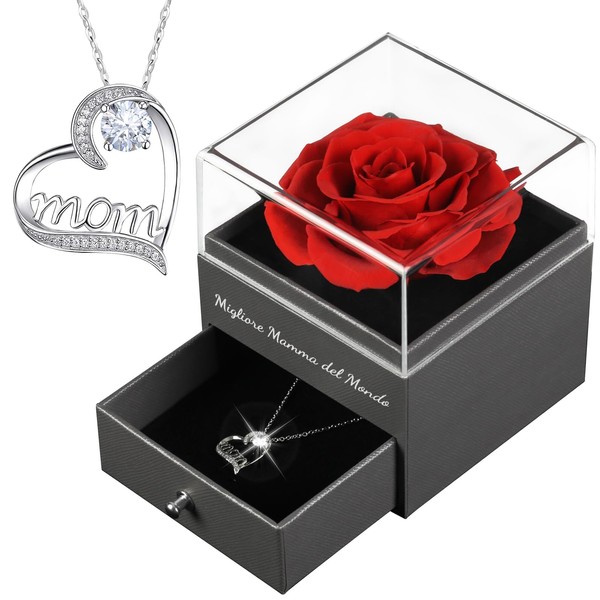 Miofula Stabilized Rose Real Gift for Mom, Eternal Rose with Necklace for Mom Birthday Anniversary Christmas Valentine's Day Mother's Day Gift Ideas Mom Grandma Girlfriend, Red