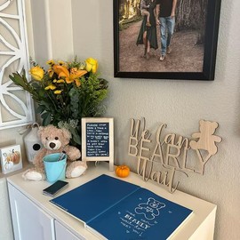 Wooden We Can Bearly Wait Sign for Backdrop - Bear Baby Shower Decoration Backdrop Banner for Gender Reveal baptism Party (Girl Boy Baby) Theme Background