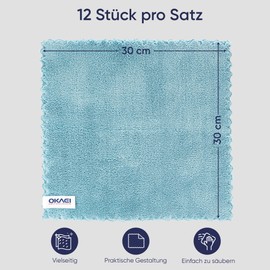 Okaei Microfibre Cloths, Pack of 12, Non-Stick Microfibre Cloths, Lint-Free Cleaning Cloths, for Dishwashing, Borderless by Ultrasonic Cut, 30 x 30 cm, Weight: 300 g/m²