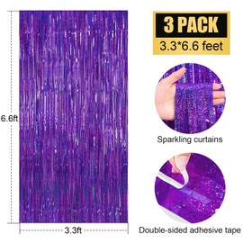 WENYA 3 Pack Purple Foil Fringe Curtains Party Decorations, 3.3ft x 6.6ft Glitter Fringe Rain Curtain, Photo Booth Backdrop Tinsel Curtain Streamer for Wedding Christmas New Year Celebration Party