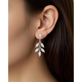 Marquise Cubic Zirconia Leaf Earrings for Bridal, Hypoallergenic Wedding Drop Earrings for Bridesmaids with 925 Sterling Silver Post, CZ Jewelry for Sensitive Ears, Garden Weddings & Prom