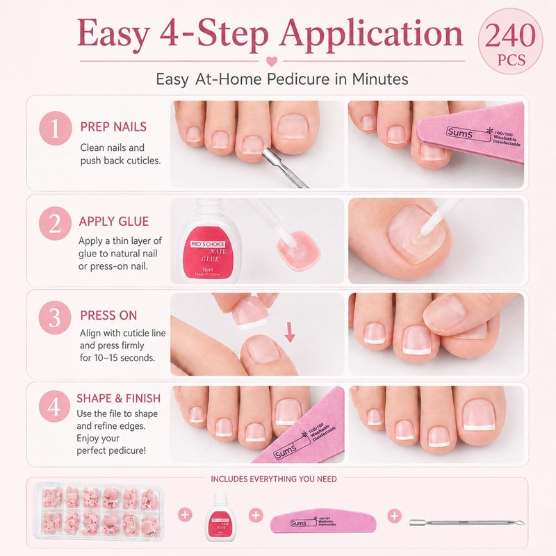 240PCS Pink False Toenails, French Style Press on Toe Nails