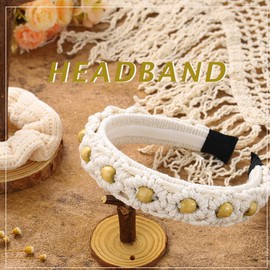 Sinalty Boho Wide Headbands White Non Slip Hairbands Beaded Handmade Hair bands with Hair Ties Summer Hair Hoop for Women and Girls (Unique)