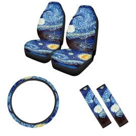 Mintulipy Full Set 5 Pieces Car Interior Accessories Van Gogh Starry Night Universal Car Seat Covers Durable Automotive Steering Wheel Cover Washable Seat Belt Protector