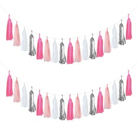 Daihellenstone 20 PCS Hot Pink Tissue Tassel Garland Kit Kraft Pink Party Streamers Bunting Pink Silver Banner Backdrop for Valentines Day Wedding Party Bridal Shower Centerpieces Table Decorations