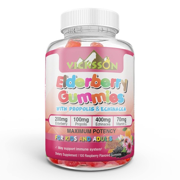 VICKSSON Black Sambucus Elderberry Gummies with Propolis & Echinacea + Vitamin C Antioxidant Flavonoids Immune System Booster for Kid & Adult Vegan Friendly | Raspberry Flavored. 100 Count