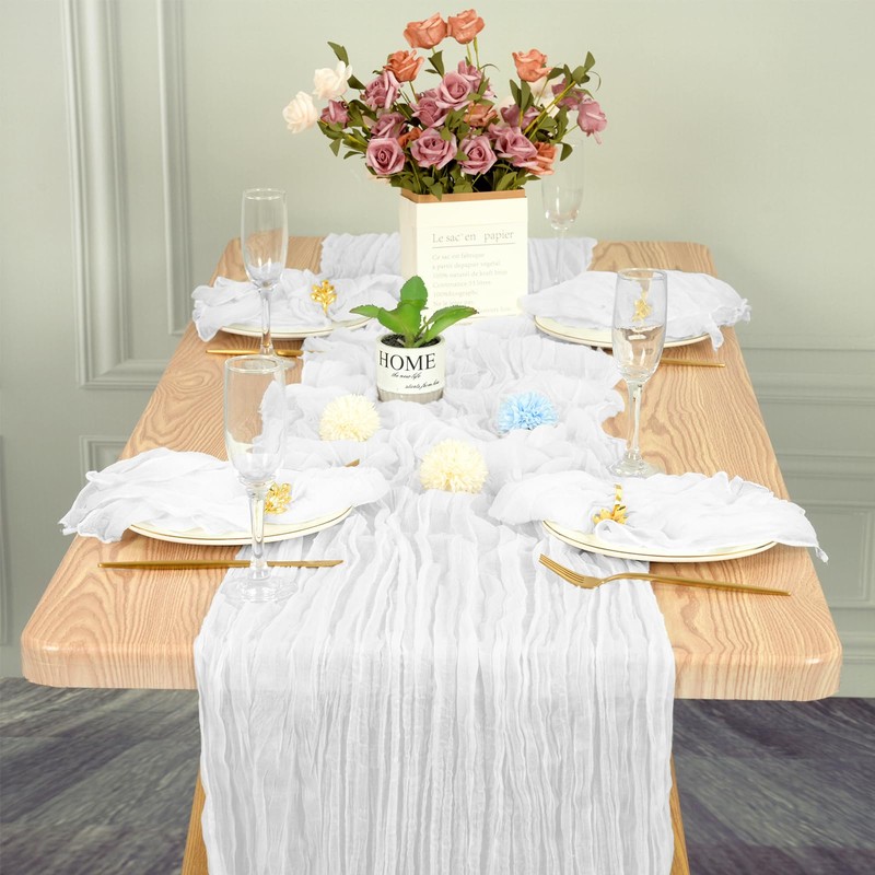 Teruntrue 4 Pack White Cheesecloth Table Runner Semi-Sheer Table Runner