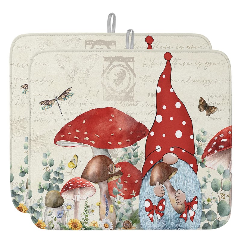 LIFEMUSION Mushroom Dish Drying Mat for Kitchen Counter, Red Gnomes