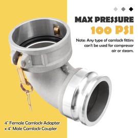 Venussar Type DA Cam and Groove Hose Fitting, 90 Degree Elbow, 4" Female Camlock x 4" Male Camlock, 100PSI, Aluminum Material, DA4040