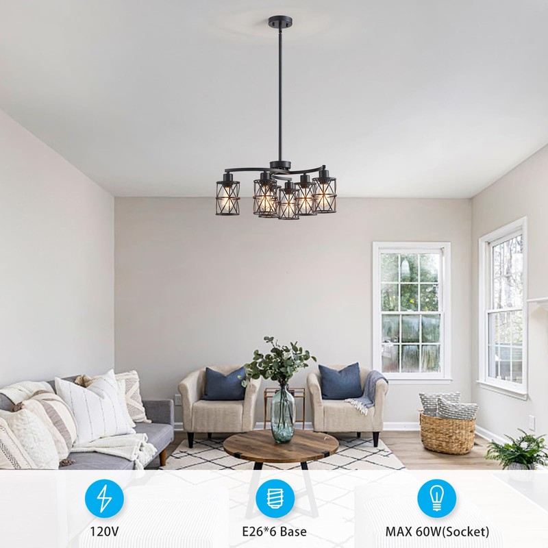 XINGQI Modern Black Chandelier 6-Light Pendant Lighting Fixture with Metal