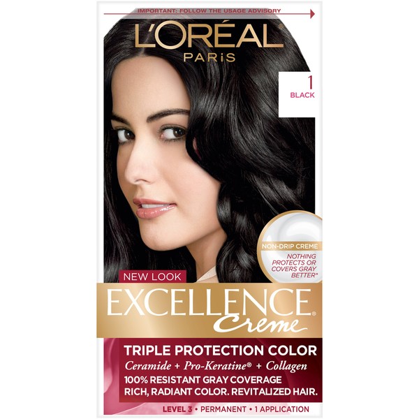 L'Oreal Paris Excellence Creme Permanent Hair Color, 1 Black, 100 percent Gray Coverage Hair Dye, Pack of 1