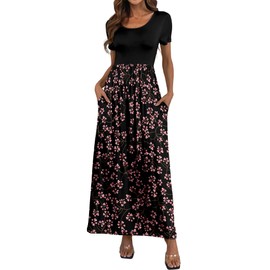 HAOMEILI Women's Short Sleeve Floral Print Scoop Neck Loose Plain Maxi Dresses Casual Long Dresses with Pockets(Gypsophila Black L)